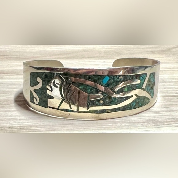 Jewelry - Vintage Stamped (Hecho En Mexico) Silver Crushed Turquoise Inlay Cuff Bracelet
